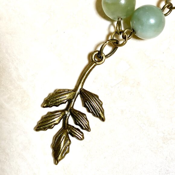 Natural Mint Green Serpentine Necklace, Bronze Leaf Branch + Genuine Gemstone - Picture 5 of 16